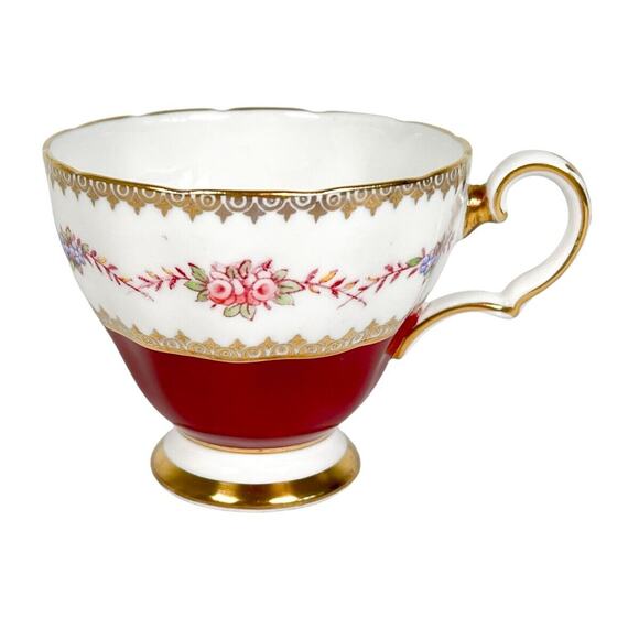 Jackson Gosling Bone China Tea Cup Grosvenor Footed Burgundy Gold Trim England - Picture 1 of 9